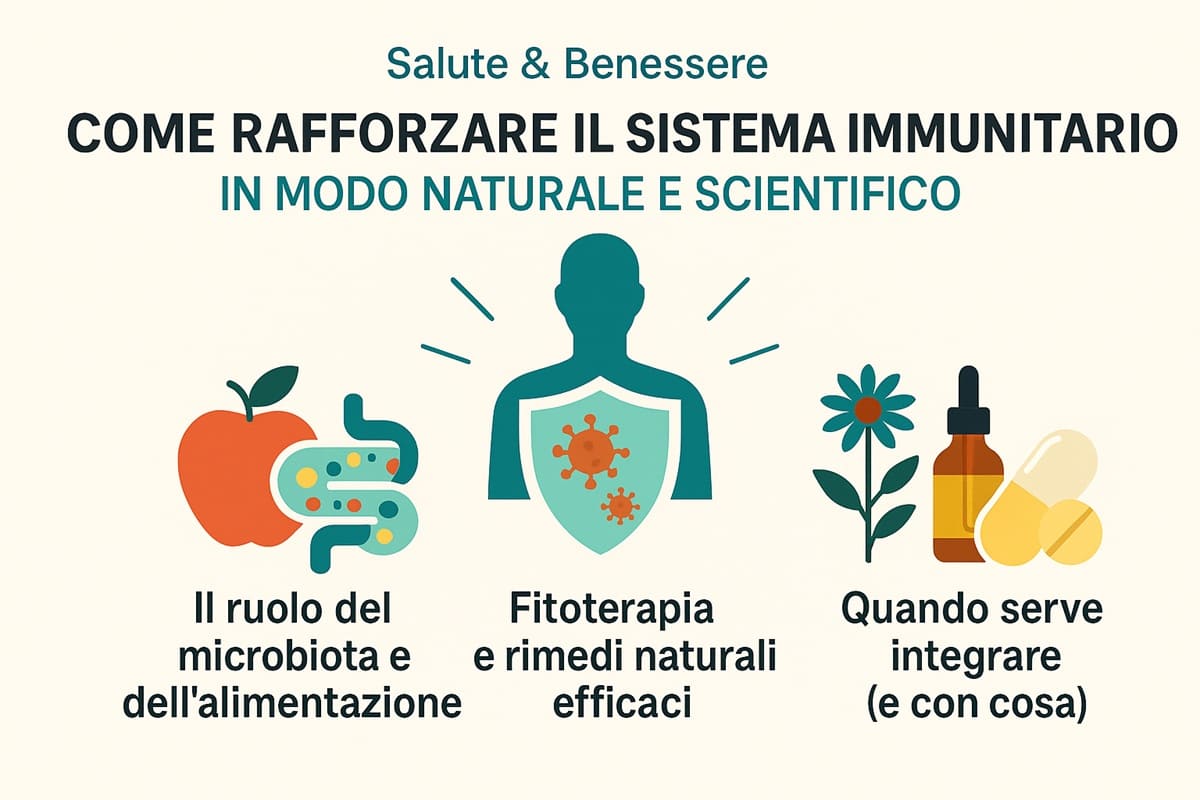 Come rafforzare il sistema immunitario in modo naturale Illustrazione del sistema immunitario con simboli di alimentazione, fitoterapia e integrazione